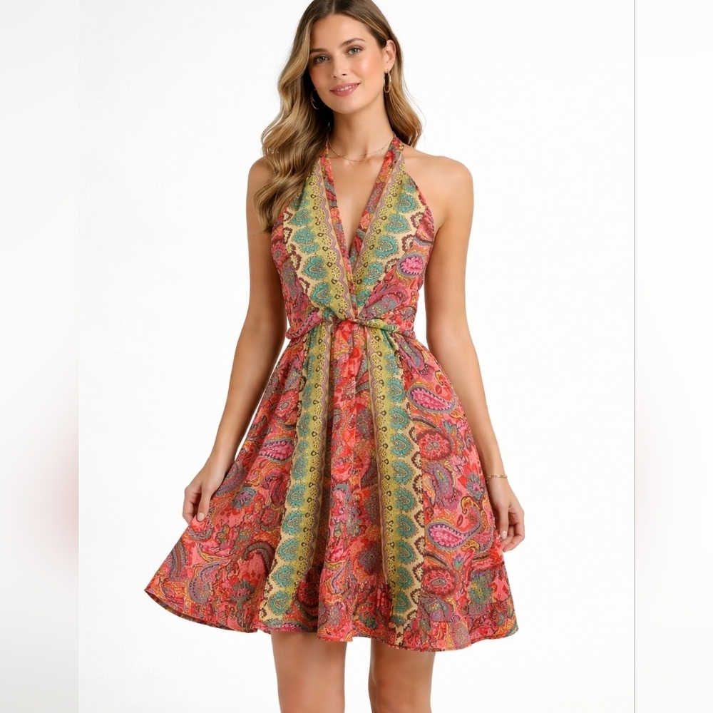 ASHLEY TAYLOR Silk Halter Paisley Print Sundress In Pink/green Multi. O/S NWT